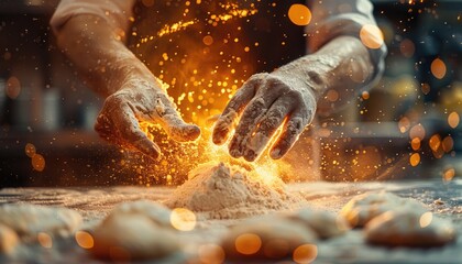 A baker's hands skillfully flouring dough, with a warm, glowing ambiance evoking an artisan baking scene. Perfect for culinary and bakery themes.