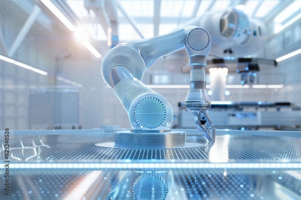 Fototapete Advanced Robotics and AI in High-Tech Manufacturing Line: Futuristic, Streamlined Industrial Environment with Precise Automation
