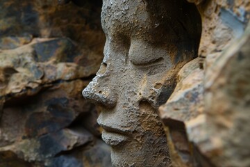 Closeup of an eroded stone face embedded in a rocky surface, suggesting historical art