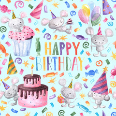 Watercolor seamless pattern cute cartoon mice in party hat,piece of cake,balloons,stars,spiral confetti as B-day party background with handwritten words "happy birthday",cards,invitations and banners