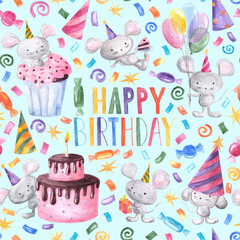 Watercolor seamless pattern cute cartoon mice in party hat,piece of cake,balloons,stars,spiral confetti as B-day party background with handwritten words 
