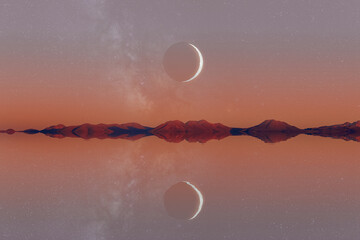 Crescent moon over mountainous lake at twilight