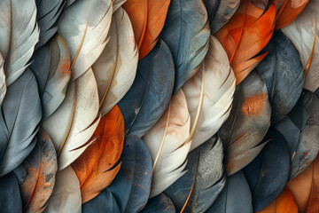 Abstract isometric feathers, aligned in a grid with alternating orientations,
