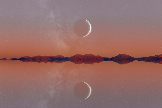 Crescent moon over mountainous lake at twilight