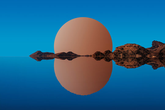 Surreal landscape with rocks and sphere at dusk