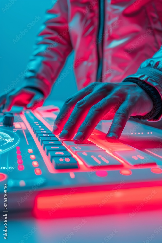 Poster Futuristic Tech Scene: Close-Up of a Technology Worker Coding on a Holographic Keyboard in Vibrant Lighting