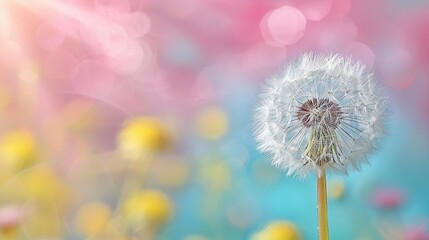   A close-up of a dandelion against a gradient background of blue, pink, yellow, and pink