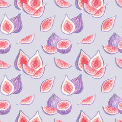 Hand drawn seamless pattern with purple violet ripe appetizing sweet fig fruits as summer food background.Bright tropical fruit isolated on blue,design, wallpaper,textile, wrapping paper