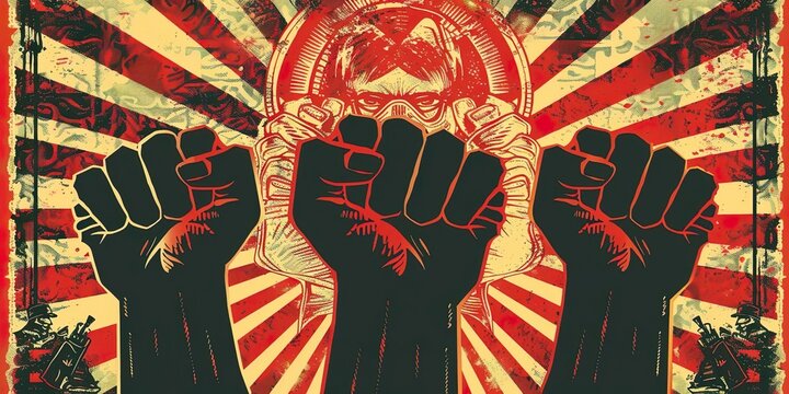 a banner design of hands raised in defiance, symbolizing the spirit of revolution and resistance,  revolution hand concept.
