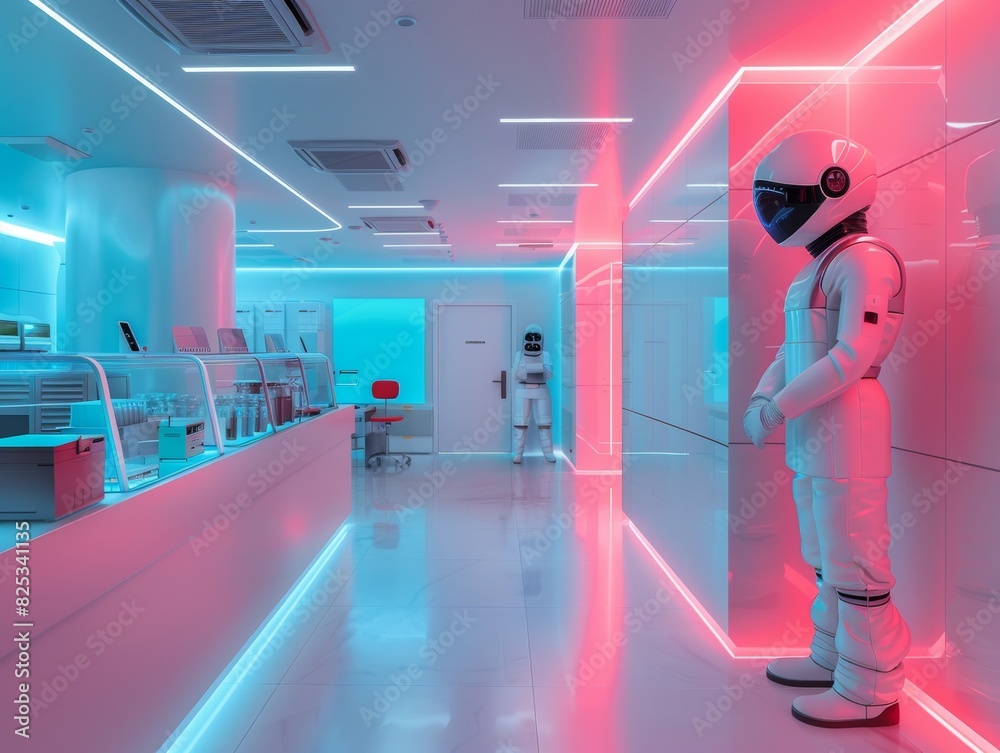 Poster Futuristic Laboratory Scene with Scientists Using AI Technology for Research: Gender-Neutral, Diverse Age Group in High-Tech Environment