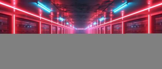 Neon light garage 3d on dark background Neon dark room, future empty garage Blue, red glow light render interior Futuristic modern space design AI generated