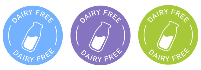 Lactose free label vector design for packaging. No dairy icon. Food allergens free product color sticker. Illustration, logo, symbol, sign, stamp, tag, emblem, mark or seal for package.