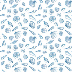 Hand drawn line art different shaped seashells as summer sea vacation background.Aquatic marine life doodle wallpapers