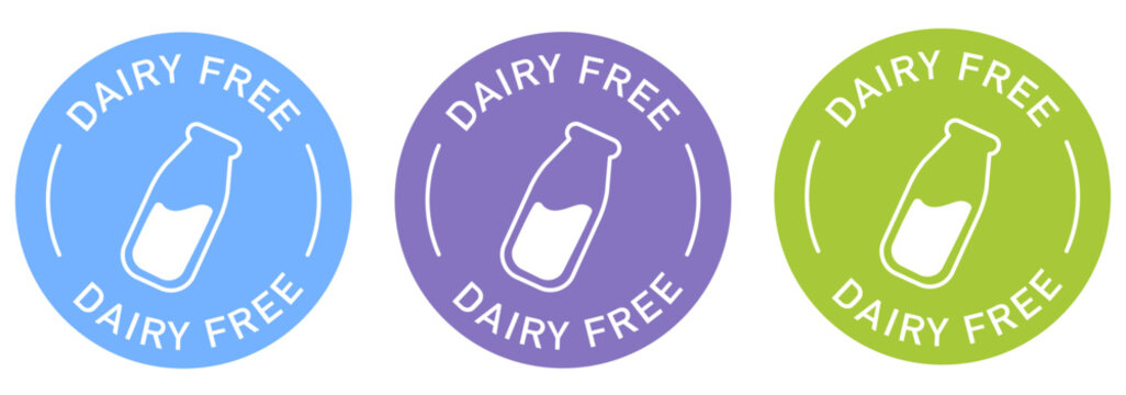 Lactose free label vector design for packaging. No dairy icon. Food allergens free product color sticker. Illustration, logo, symbol, sign, stamp, tag, emblem, mark or seal for package.