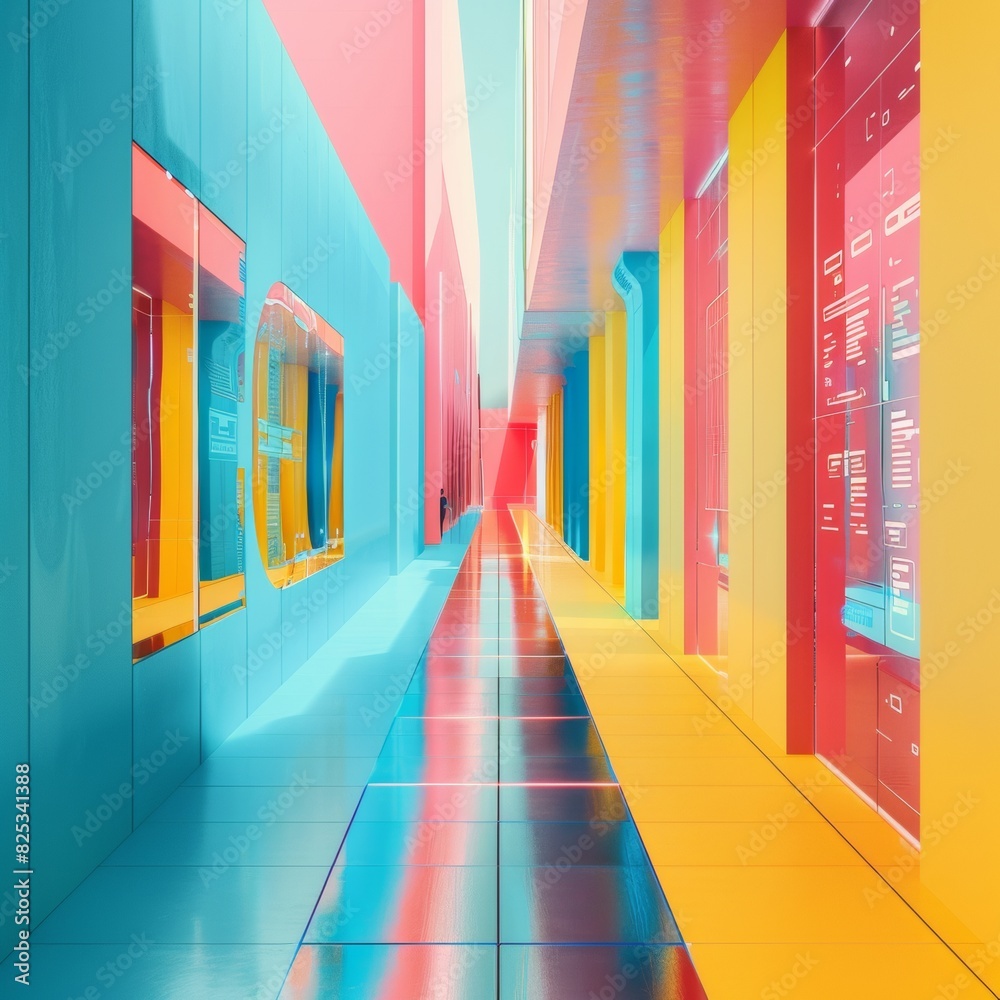 Poster futuristic digital corridor with vibrant technology-themed wall patterns in a high-tech setting