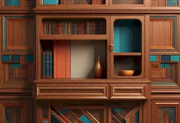 Stylish wooden bookshelf with geometric patterns and colorful panels, featuring vases and books, Generative AI.
