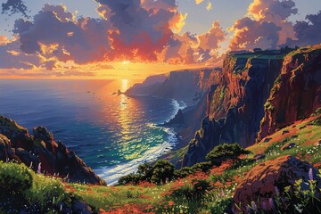 A beautiful sunset over the ocean with a rocky cliff in the background