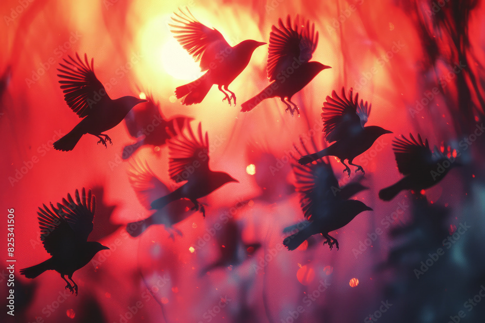 Aufkleber abstract isometric bird silhouettes, arranged in a dynamic flight pattern,