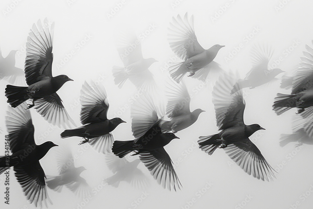 Aufkleber abstract isometric bird silhouettes, arranged in a dynamic flight pattern,