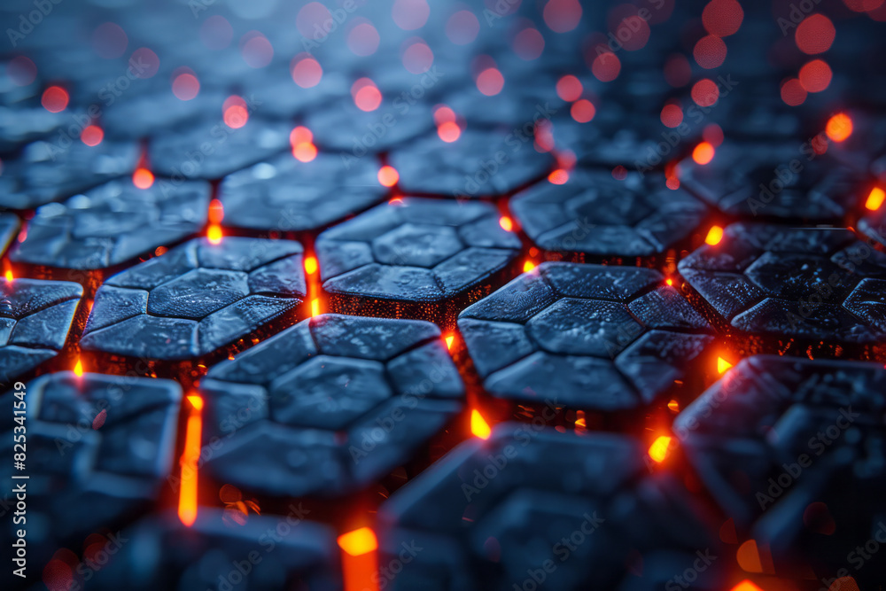 Poster Isometric pattern of hexagonal grids with minimalist molecular structures within each cell,