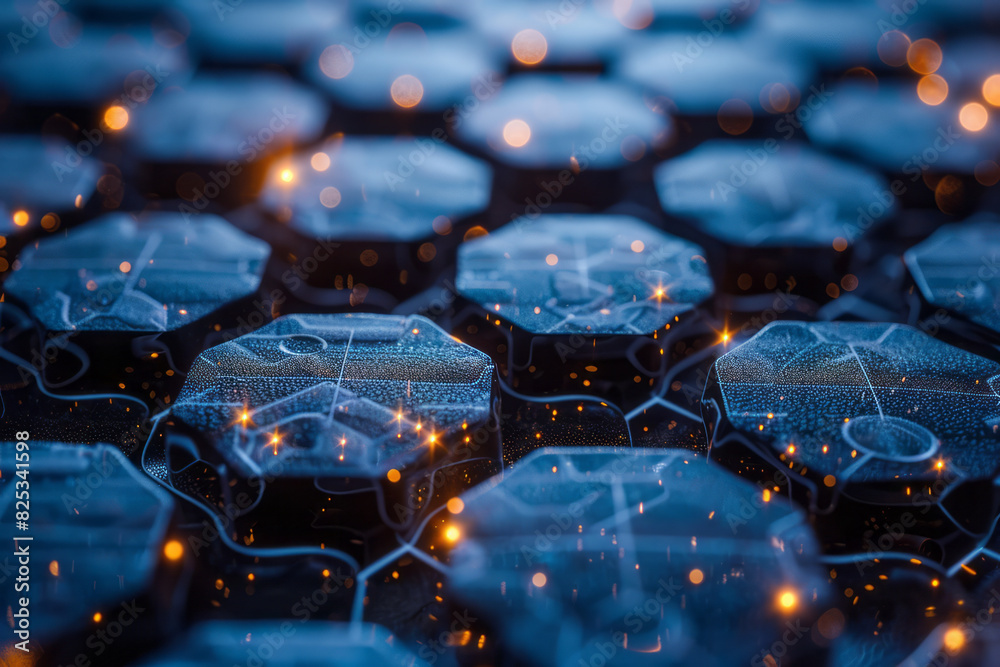 Aufkleber Isometric pattern of hexagonal grids with minimalist molecular structures within each cell,