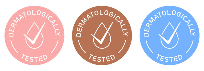 Dermatology tested label vector design for packaging. Water drop icon. Illustration, logo, symbol, sign, stamp, tag, emblem, mark or seal for package. Cosmetic product color sticker.