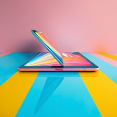 Futuristic Tablet Display with Dynamic Abstract Holographic Features on a Vibrant Background, Showcasing Advanced Mobile Technology