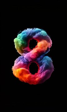 vibrant number "8" eight formed by swirling, colorful smoke against a black background. The dynamic mix of blues, pinks, oranges, and yellows creates a vivid and energetic visual effect