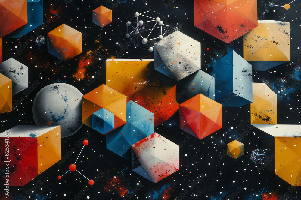 Poster seamless background featuring isometric geometric shapes like cubes and tetrahedrons, interspersed w