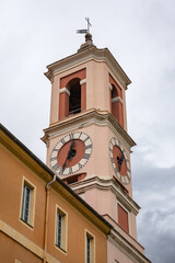 Rusca barracks (Caserne Rusca or Palais Rusca) was built in 1775 to house garrison of the city, today it is Court of Instance in Nice. Next is Clock Tower (Tour de l'Horloge, 1718). Nice, France.