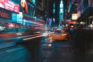 A busy city street with a yellow taxi cab driving down the road