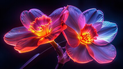   A close-up of two pink flowers against a black backdrop, featuring red, blue, and yellow centers