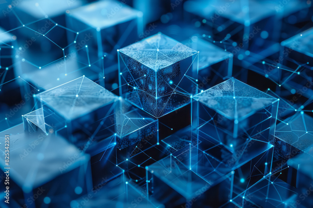 Poster abstract isometric grid of interconnected cubes and molecules, forming a cohesive design,
