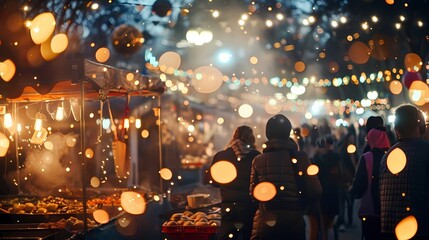 Fototapeta premium A lively scene of a food festival, with a defocused backdrop of twinkling particles