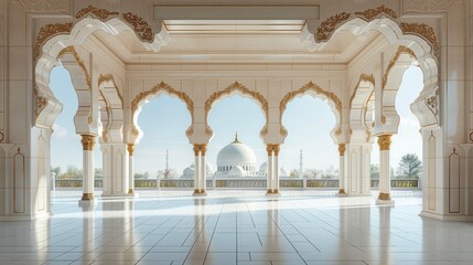 3d illustration. White Oriental arcade palace in the Arab style.