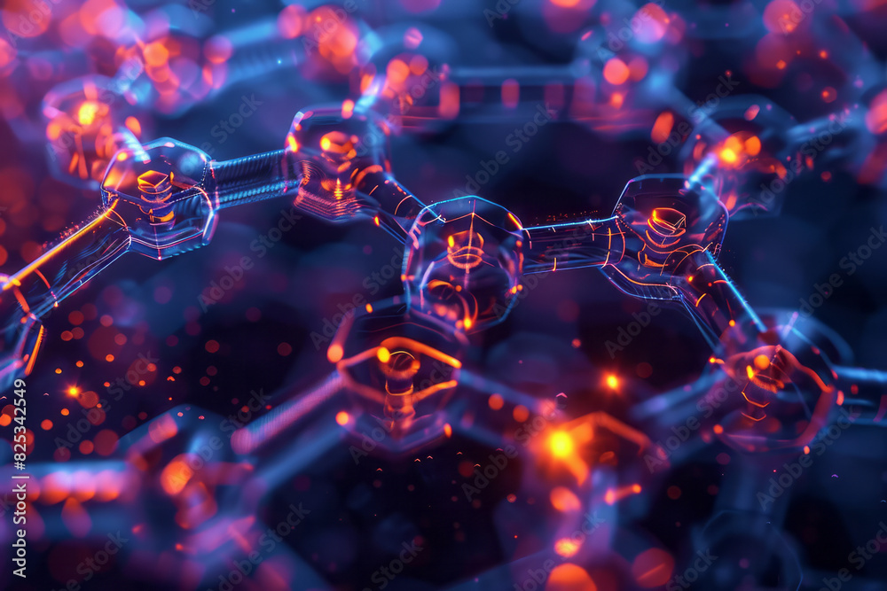 Aufkleber Abstract isometric hexagonal prisms connected by molecular lines, creating a network pattern,
