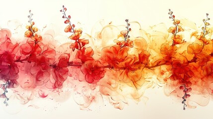   Red, orange, yellow flowers on white background with red stem