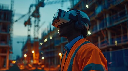 Obraz premium A construction worker wearing a hard hat and virtual reality headset stands on a building site, looking at the plans for the new building.