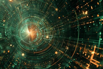 Obraz premium Vibrant quantum computing core radiates energy with complex data streams and abstract patterns in Sagebrush Green, Marsala, and Granite Gray.