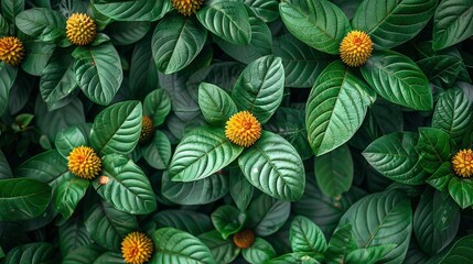   A close-up of a group of green leaves surrounded by a yellow flower in the focal point of the image - Powered by Adobe