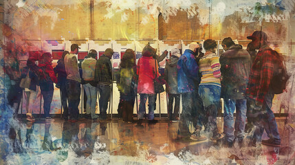 Fototapeta premium A group of people are standing in line at a voting booth