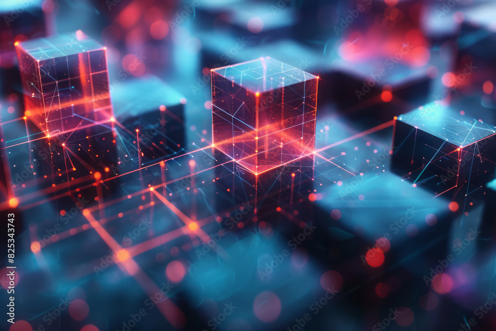 Poster Abstract isometric pattern of cubes and molecular diagrams, creating a seamless background,