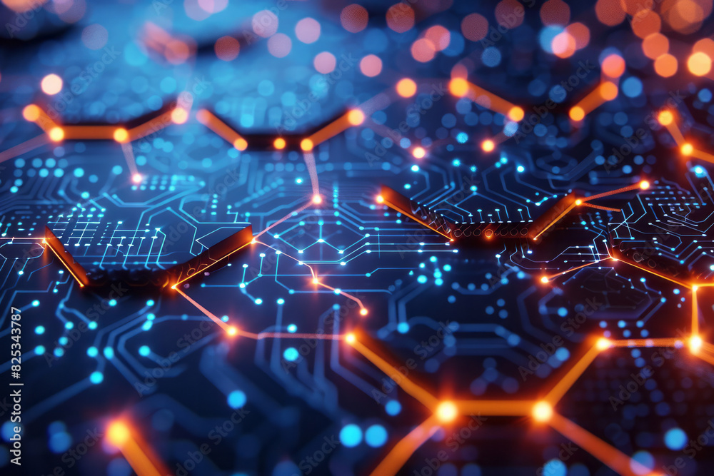 Aufkleber Isometric pattern of interconnected hexagons with embedded minimalist circuit board icons,