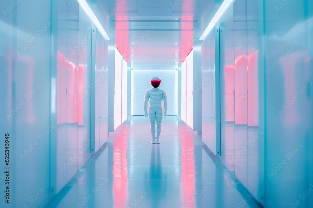Aufkleber Abstract Vision of a Robot Wanderer in a Symmetrical, Vibrant Data Center Using Long Exposure and a Wide-Angle Lens
