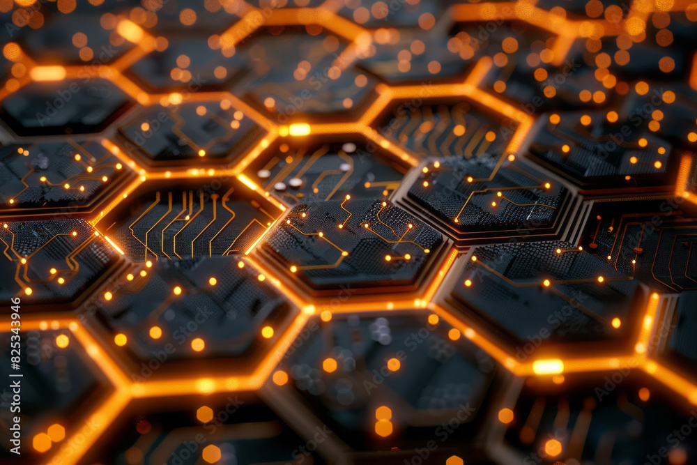 Poster Isometric pattern of interconnected hexagons with embedded minimalist circuit board icons,