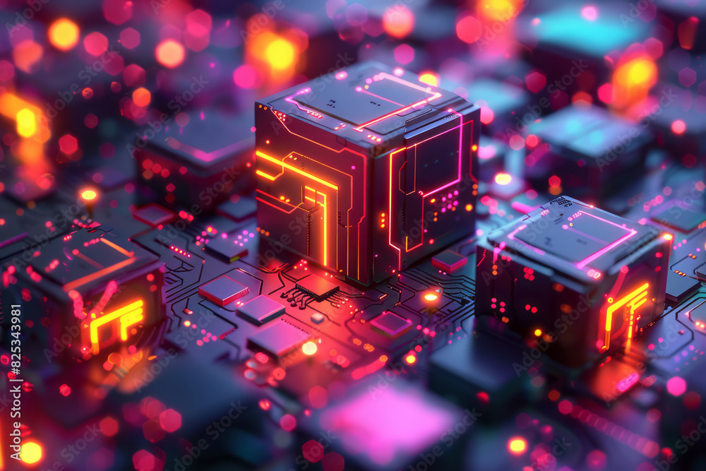 Poster Abstract isometric cubes with integrated microchip symbols, creating a seamless tech-inspired pattern,