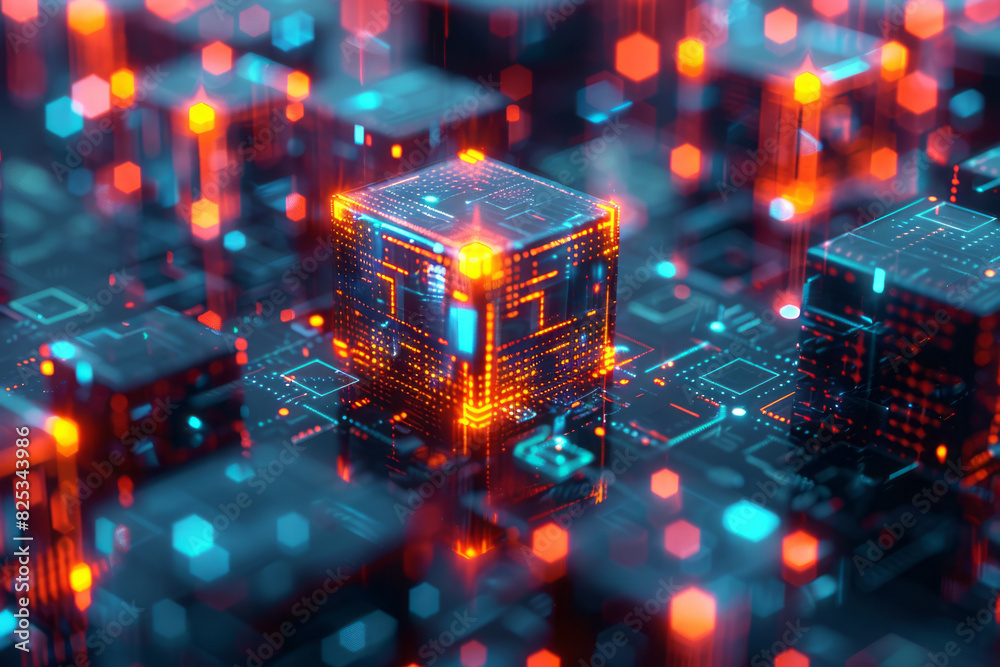 Aufkleber Abstract isometric cubes with integrated microchip symbols, creating a seamless tech-inspired pattern,