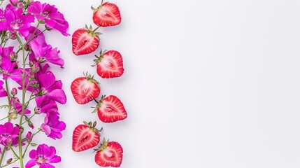   A cluster of strawberries resting atop a table alongside a bouquet of purple blossoms on a white background