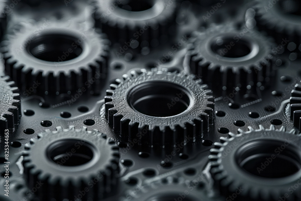 Poster Minimalist isometric gears and cogwheels, arranged in a repeating grid with geometric shapes,