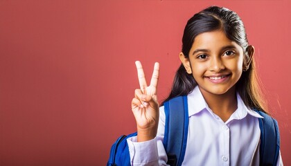 An indian 10 years sweet student girl showing a victory sign with his hand